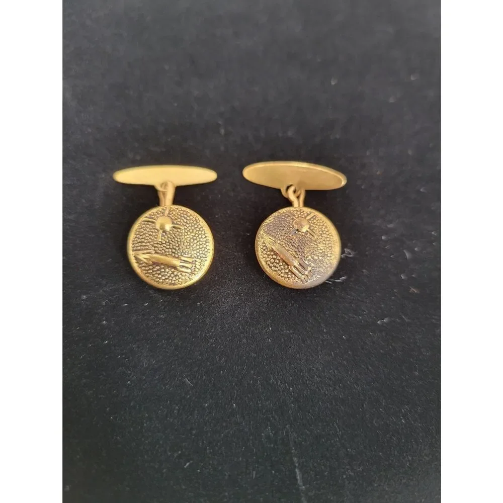 Vintage Space Age Rocket Ship Gold-Tone Round Cufflinks 60s